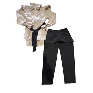 Girls 2PC Outfit Beige Ruffle Button Blouse Black Pants Size 7/8 (130)